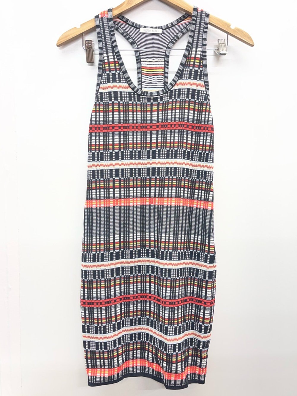 Ronny Kobo Navy, Coral & White Striped Geo Racerback Midi Dress